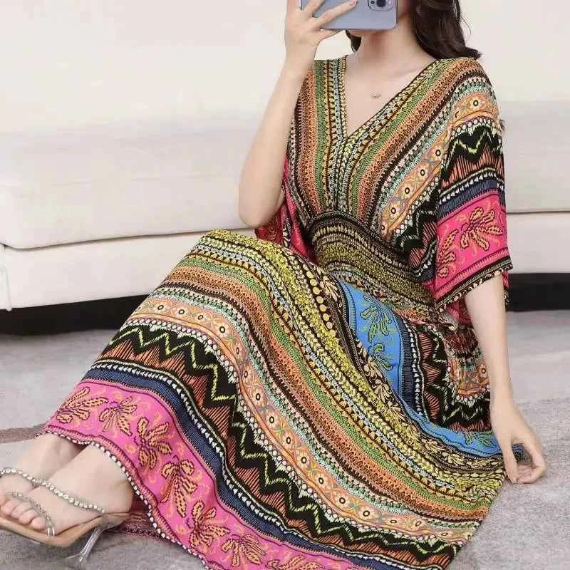 Colorful Flower V-neck Elastic Youthful Bohemian Sweet Midi Dress Woman Clothes Chic Fashion Summer Dresses 2025 Large Swing Ski