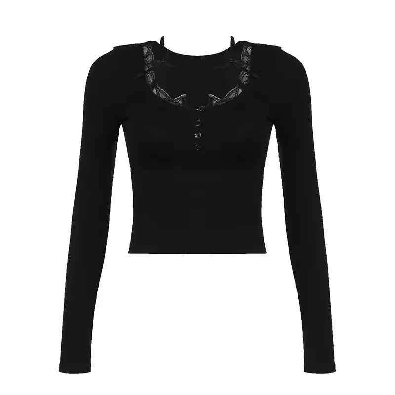 Pure desire sweet style bow hanging neck Korean V-neck lace top versatile slimming solid color long sleeved T-shirt
