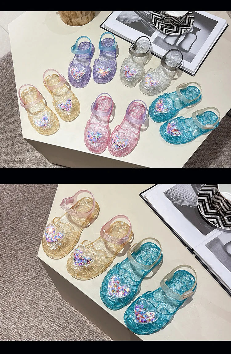 2026Kids' Sandals Ourdoor Crystal Jelly Shoes PVC Love Baby Fashion Flat For Girls Breathable Anti-slip Purple Sliver Size 24-35