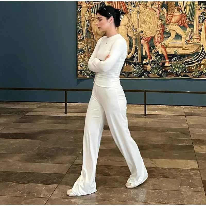 Women Top Pants Suit 2 Piece Sets Solid O-neck Long Sleeve Shirts Elastic Waist Trousers Female Outfits 2025 New Lady Tracksuit