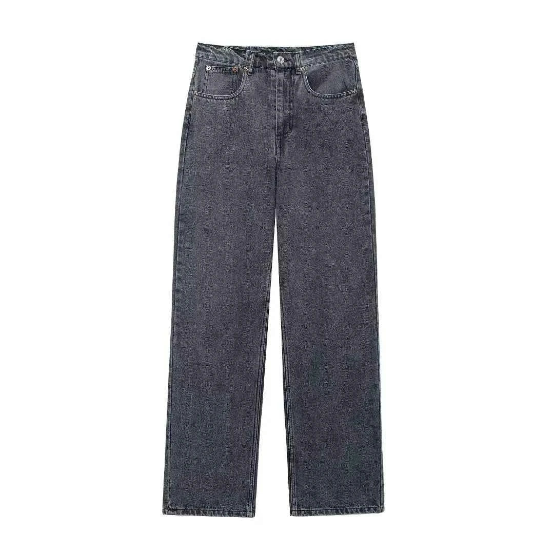 HH 2024 Women's Street Fashion Denim Blue Jeans Distressed Patchwork High Waist Zipper Fly Ripped Retro Long Pants