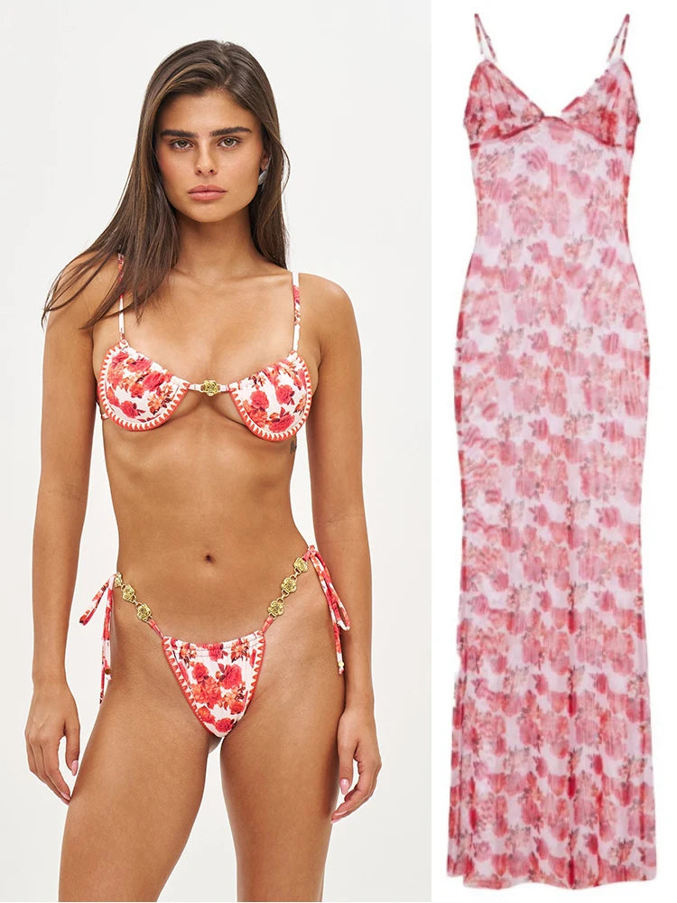 Long Dress Bikini Cover Up Print Mesh Swimwear Sexy Floral Bikinis Covers Thongs Swimsuit Biquini Beachwear