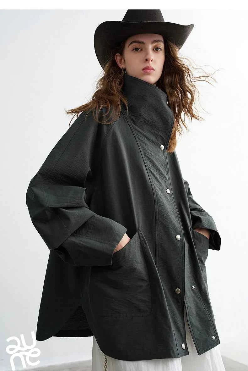 TOYOUTH Women's 2026 Spring New Loose Stand-Collar Utility-Style Lightweight Jacket Coat with Slub Wrinkle Texture