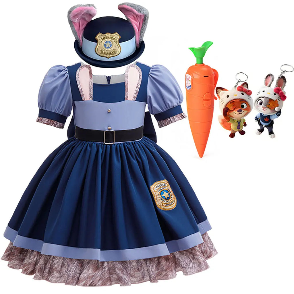 Disney Girls Cosplay Zootopia 2 Police Officer Judy Bunny Dress For Kids Holiday Party Cute Dress With Accessories Fancy Set