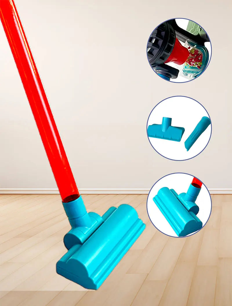 Kids 3-in-1 Toy Vacuum Cleaner – Light & Sound Stick/Handheld, Detachable Debris Bin, Cyclone Beads, 2 Attachments, Role-Play Ho