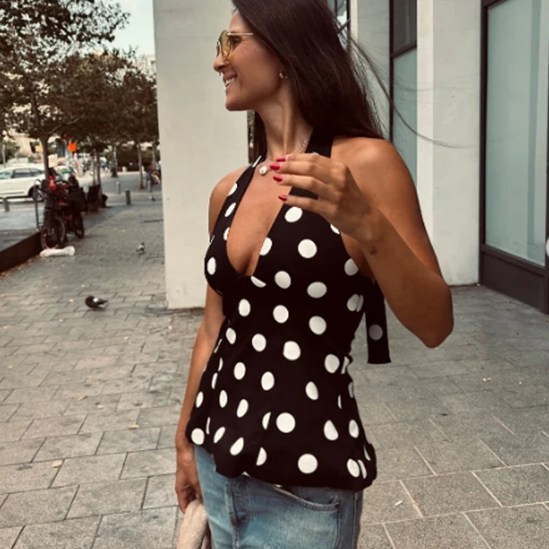 HXAO Black Polka Dot Tops For Woman Summer Women's Corset Crop Top Sleeveless Halter Top Women Bow Backless Sexy Top Party