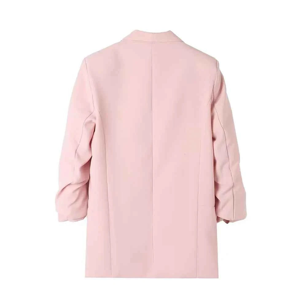 Women Fashion Office Wear Open Blazer Coat Vintage Long Pleated Sleeves Flap Pockets Female Outerwear Chic Tops