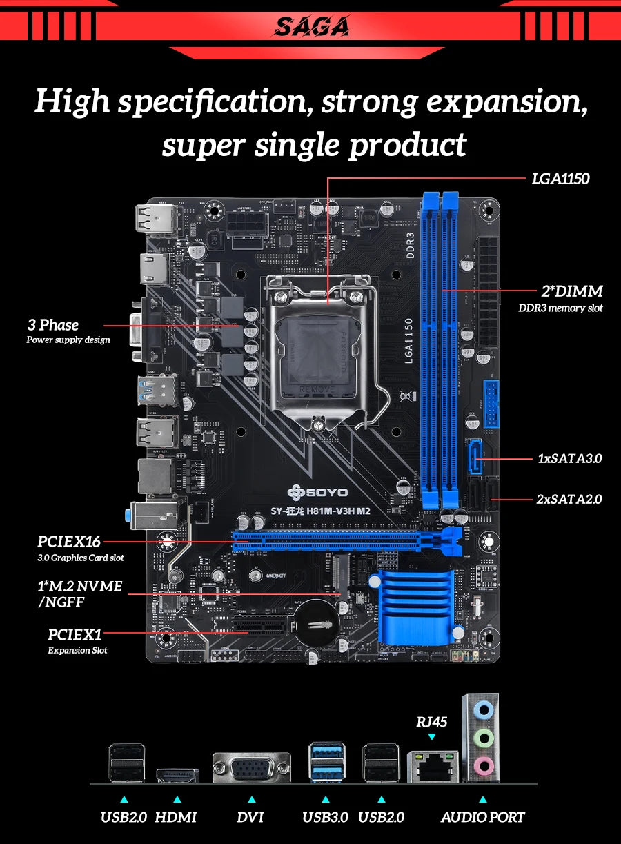 H81M Gaming Motherboard TPM GDDR3 i3 4160 CPU 8G*1 ram comboIntel Kit xeon B85 LGA1150 PCIe3.0x16 M.2 SATA3.0 8pin HDMI VGA SOYO