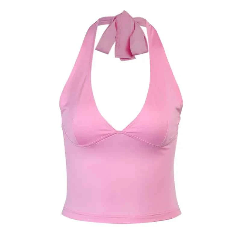 Summer Halter Camisole Tank Top Women V-Neck Sexy Tanks Camis Skinny Backless Pink Corset Tee Shirt Femme Tops WomanT-shirt