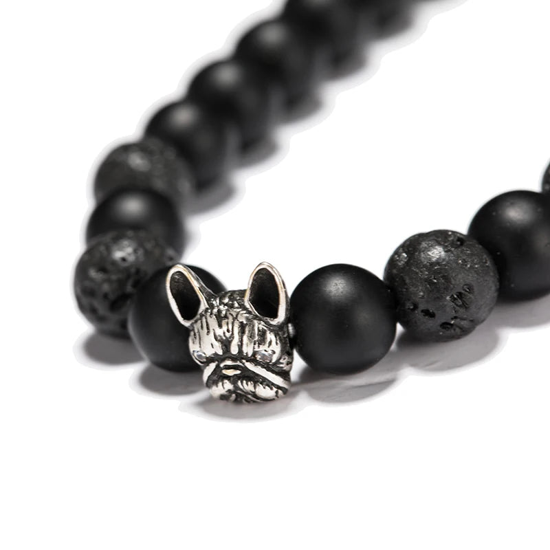 New French Bulldog Bracelet For Men 8mm Natural Lava Tiger Eyes Stone Braclet Beaded Vintage Braslet Homme Camping Accessories