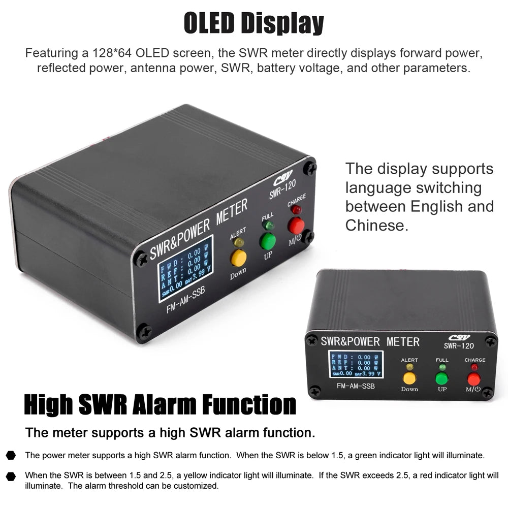 1.8-54MHz Shortwave Meter 120W SWR Digital Power Standing  Meter FM AM SSB Modes Power Meter Support SWR/Power Tool