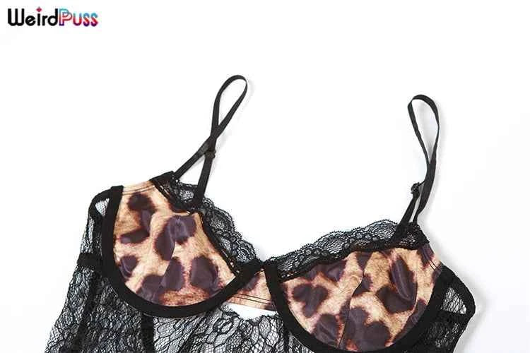 Weird Puss Backless Sexy Women Camisole Leopard Mesh Patchwork Ruffles Sexy Club Party Midnight Hot Girls Wild Coquette Maxi Top
