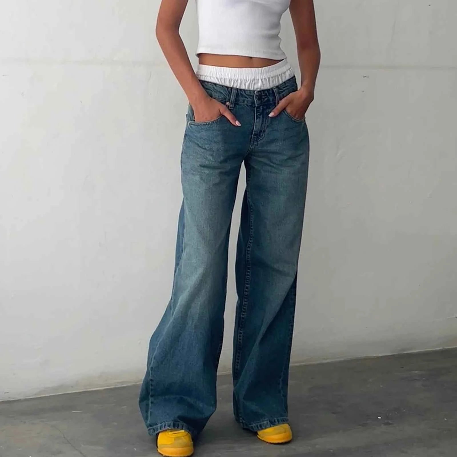 Y2K Baggy Jeans for Women Trendy Low Rise Casual Straight Leg Boyfriend Jeans Denim Pants with Pocket Streetwear