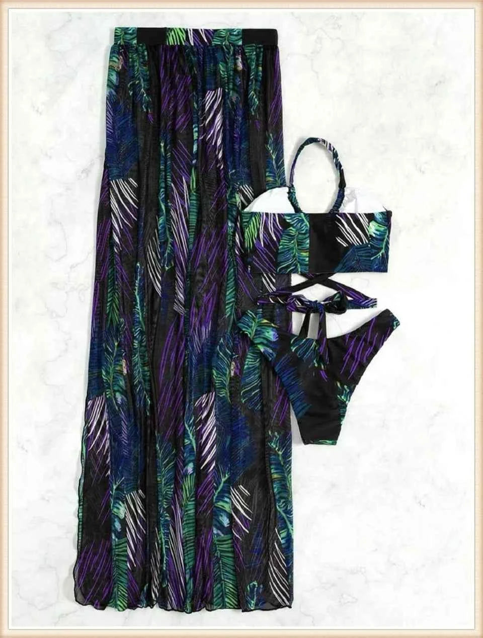 3 Pieces Print Cross Bikini 2025 Women Sexy Halter Swimsuit & Cover Up Beach Dress Swimwear Bathers Bathing Swimming Suit Summer