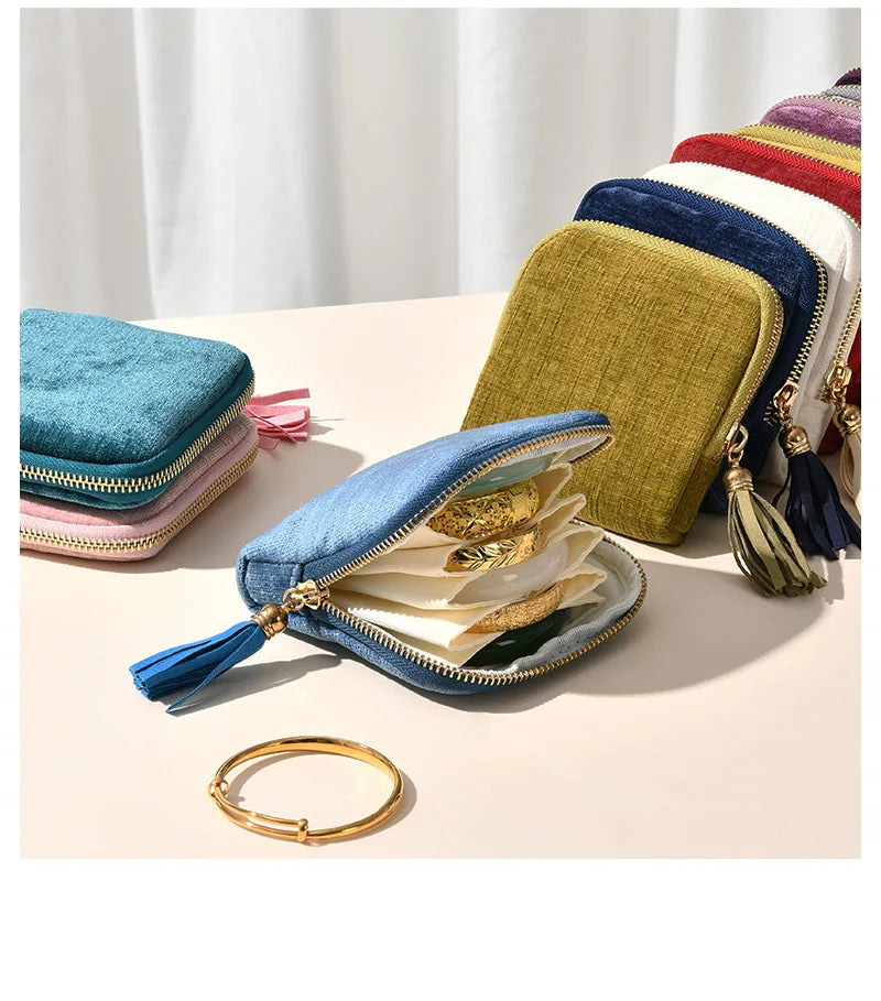 Tassel Jewelry Organizer Bag Portable Travel Case with Metal Zipper for Bracelets Jade Bangles Necklaces Rings Storage Pouch