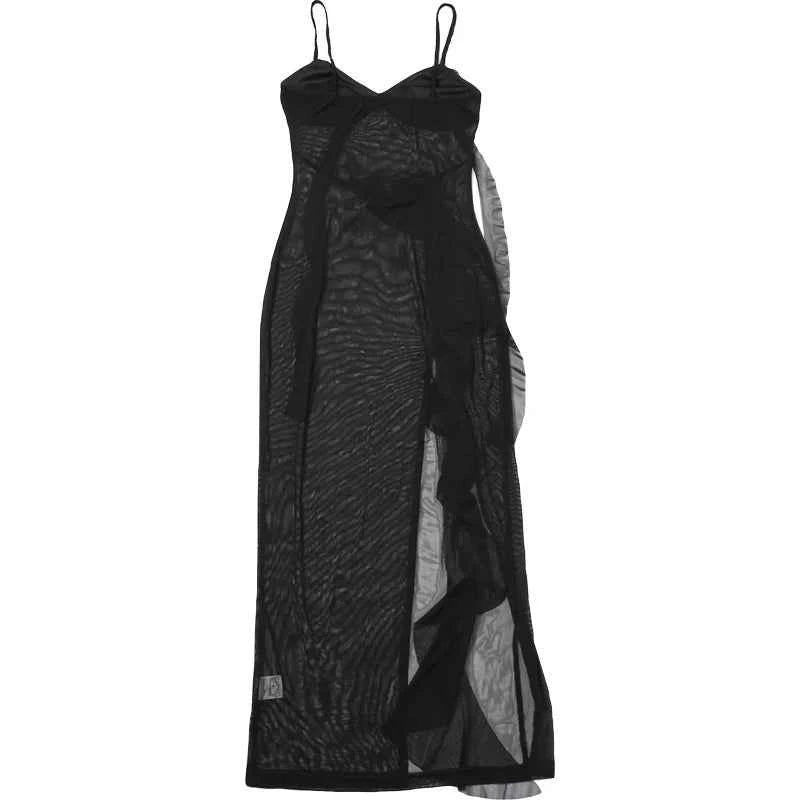 Weird Puss See Through Dress Woman Summer Sexy Spaghetti Straps Patchwork Irregular Tassel Splits Swimsuit Beach Skinny Vestidos