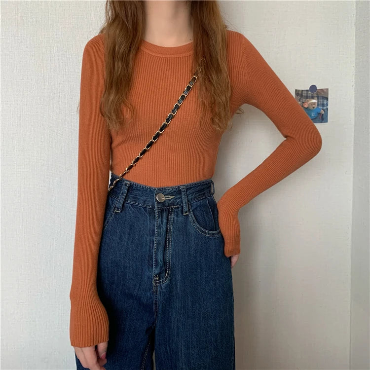 2026 New Women Sweater Autumn Winter Long Sleeve Pullover Basic Top Fashion O-neck Elastic Female Winter Solid Knitted Jumper