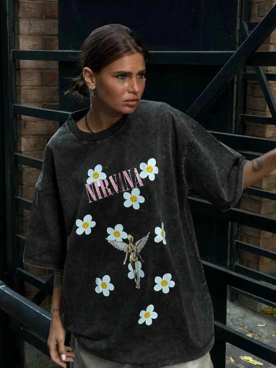 Sumuyoo Women's Retro Printed T-shirt Cotton Men Vintage Short-sleeve Wax Printing T Shirts Fashion Hip Hop Loose Fflower Tees