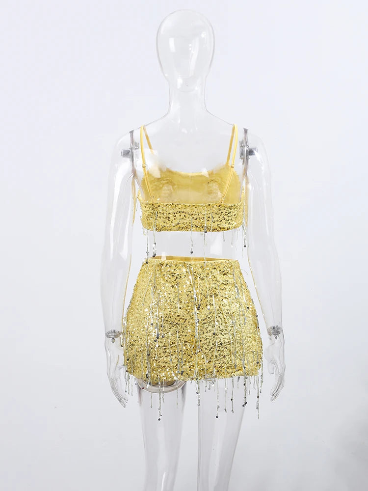 Sexy Tassel Chains Women's Set Elegant Solid Sequins Hip Package Female Party Mini Skirts Summer Holiday Lady Outfit Beachwear