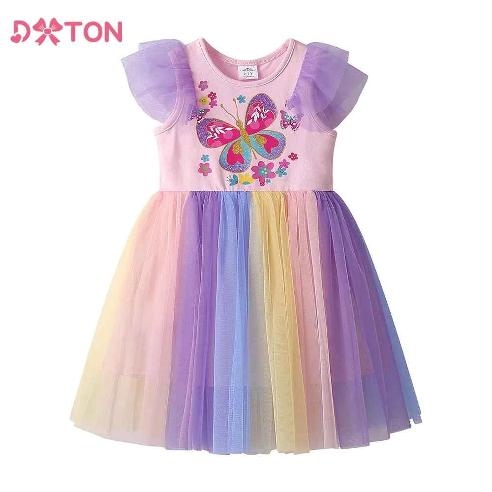 DXTON Ruffles Sleeveless Princess Dresses Mesh Elegant Kids Dress For Girls Butterfly Floral Summer Children Holiday Clothing