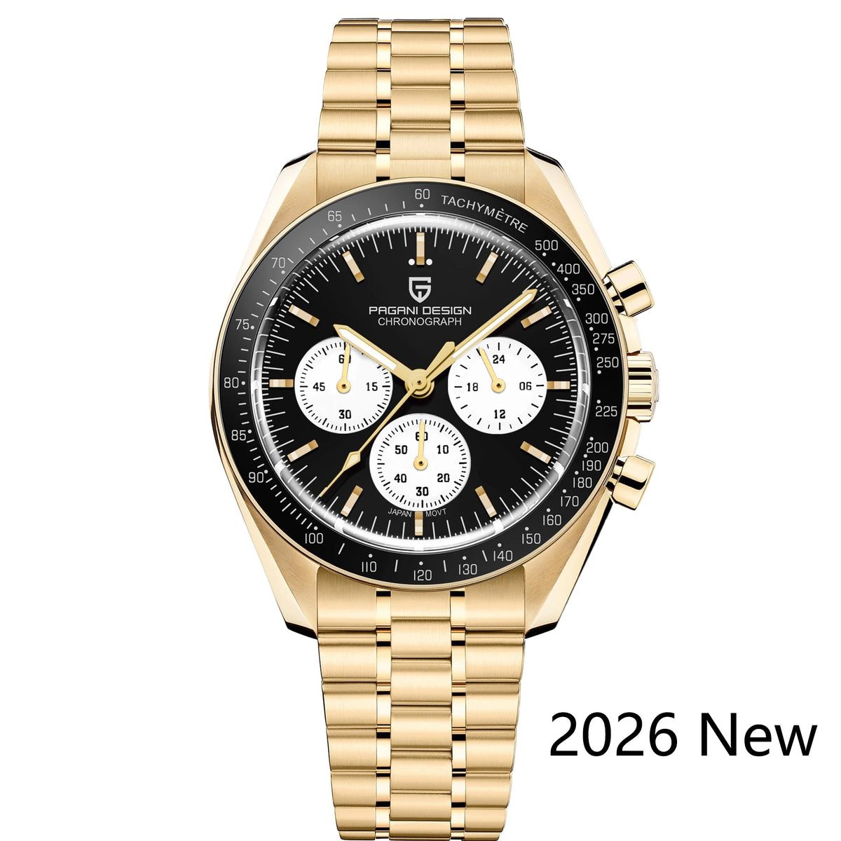 All Gold Black Color Men's Chronograph Quartz Watch With Sapphire Crystal