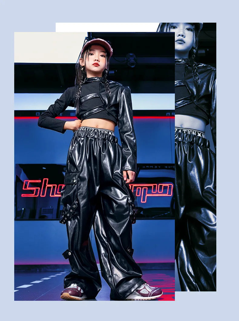 Kid Hip Hop Clothing T Shirt Crop Top Wine Red Arm Sleeve Faux Leather Casual Cargo Pants for Girl Jazz Dance Costumes Clothes