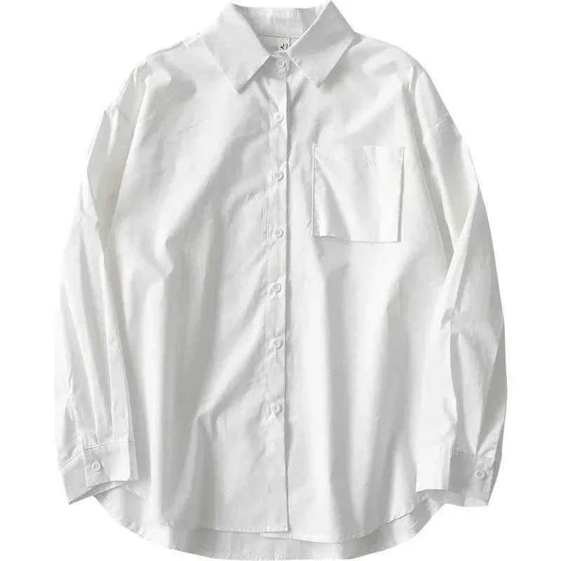 Japanese Style Loose Long Sleeve White Shirts Women Preppy Style Pocket Turn Down Collar Shirt Woman Harajuku Oversized Blouse