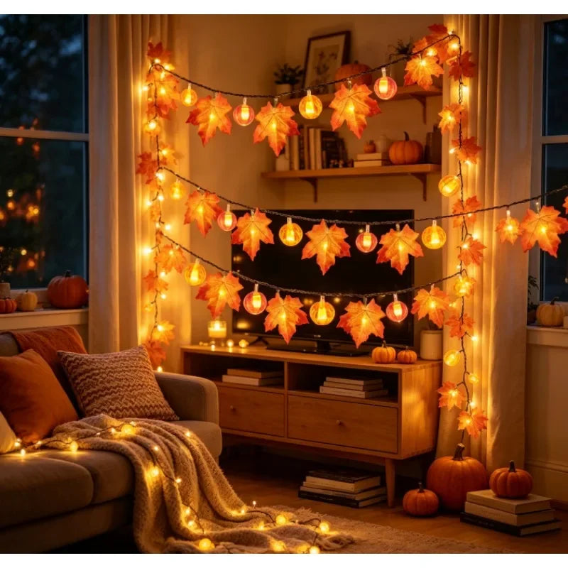 Indoor Home Autumn Harvest Festival Decor 1PC 3D Pumpkin & Maple Leaves String Lights Halloween Thanksgiving Decor Lamp