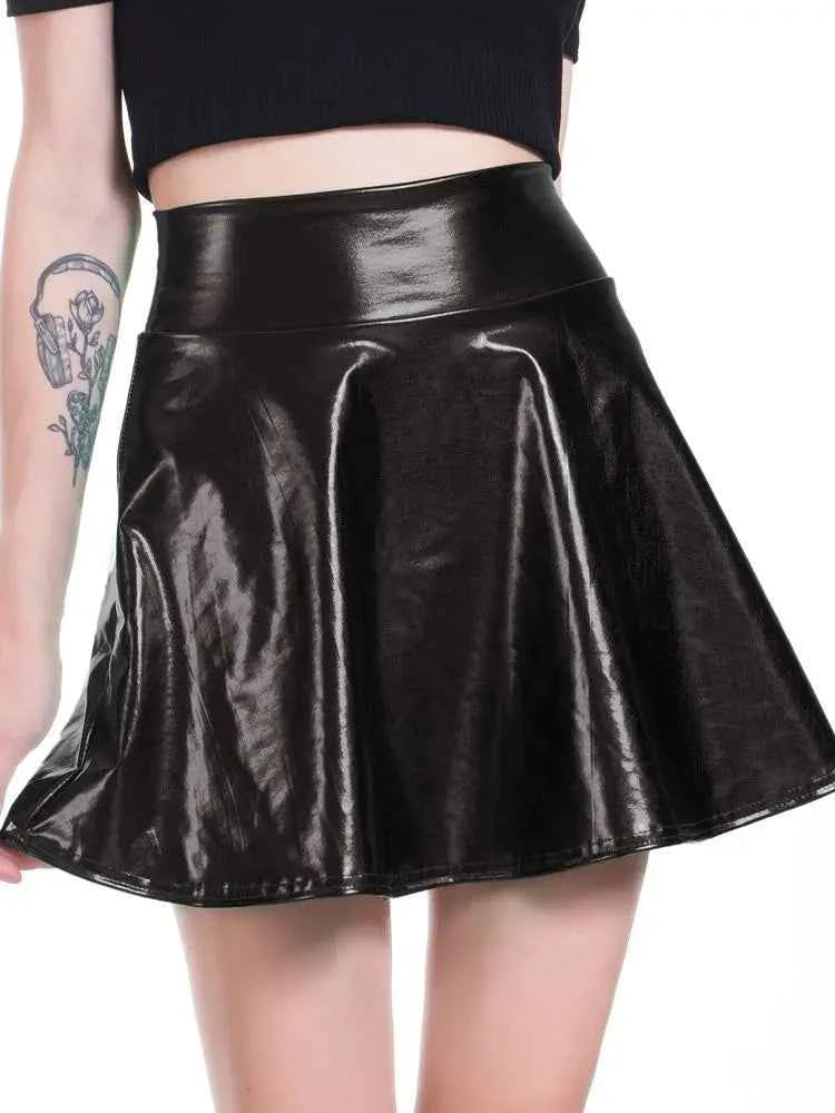 Women Pleated A-Line Skater Skirt Summer Shiny Metallic Holographic Mini Skirt Sexy Club Disco Harajuku Mini Skirt