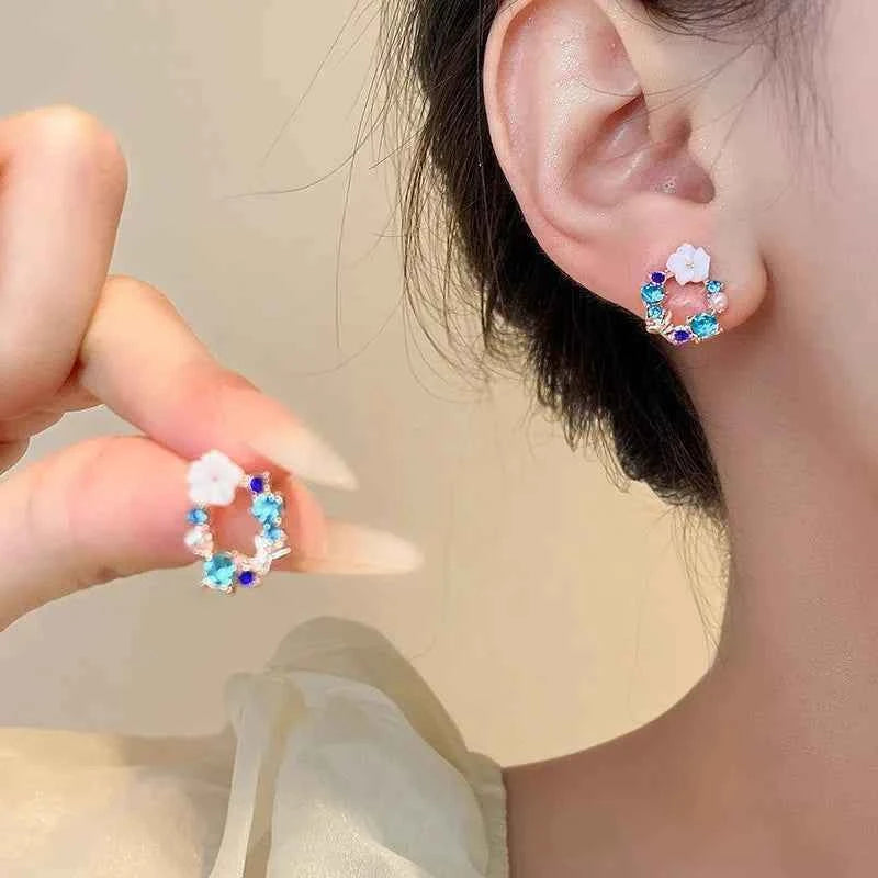 Colorful Flower Earrings Imitation Pearl Geometric Stud Earrings For Women Sweet Elegant Earrings For Party Banquet Jewelry Gift