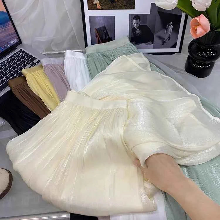 2025 Spring/Summer New Luster  A-line Women Skirt Solid Color High Waist French Paris Style Elegant Asymmetrical Skirt
