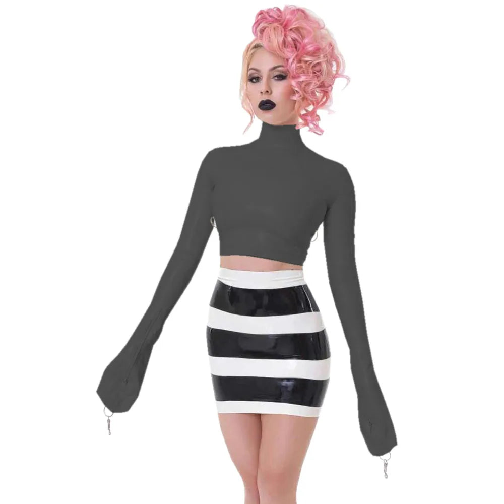 Sexy Crop Tops with Finger High Neck, Slim Skinny Leather, PVC Short Shirts, Vinyl Sexy Top with Lock Key, Club Night