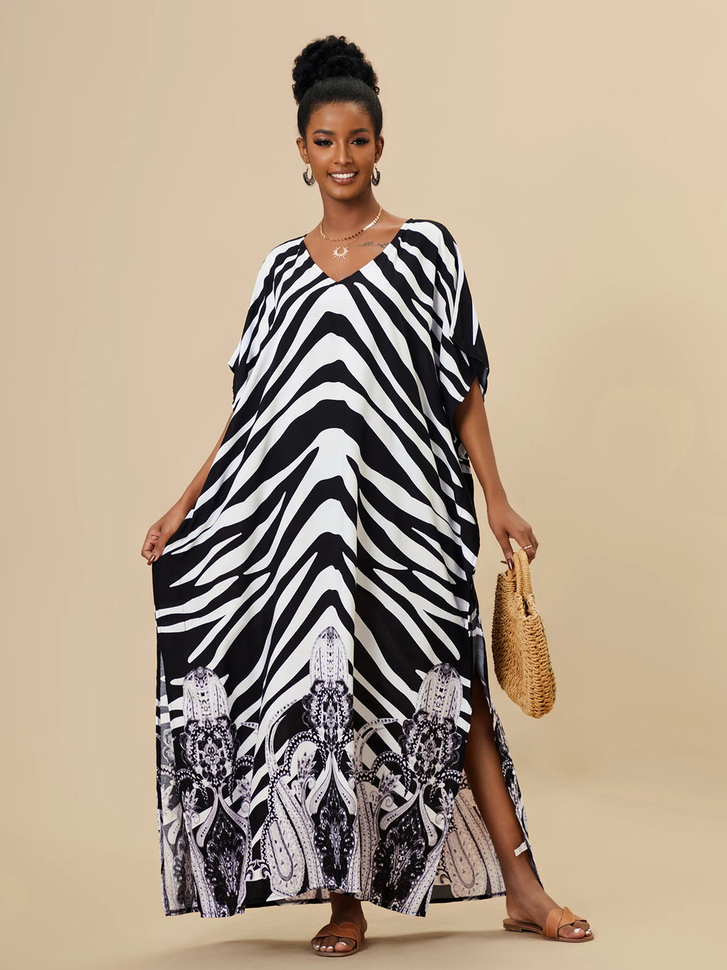 EDOLYNSA 2023 Bohemian Printed Loose Kaftan Casual Summer Vacation Maxi Dress Women Clothing Beach Wear Swim Suit Cover Up Q1469