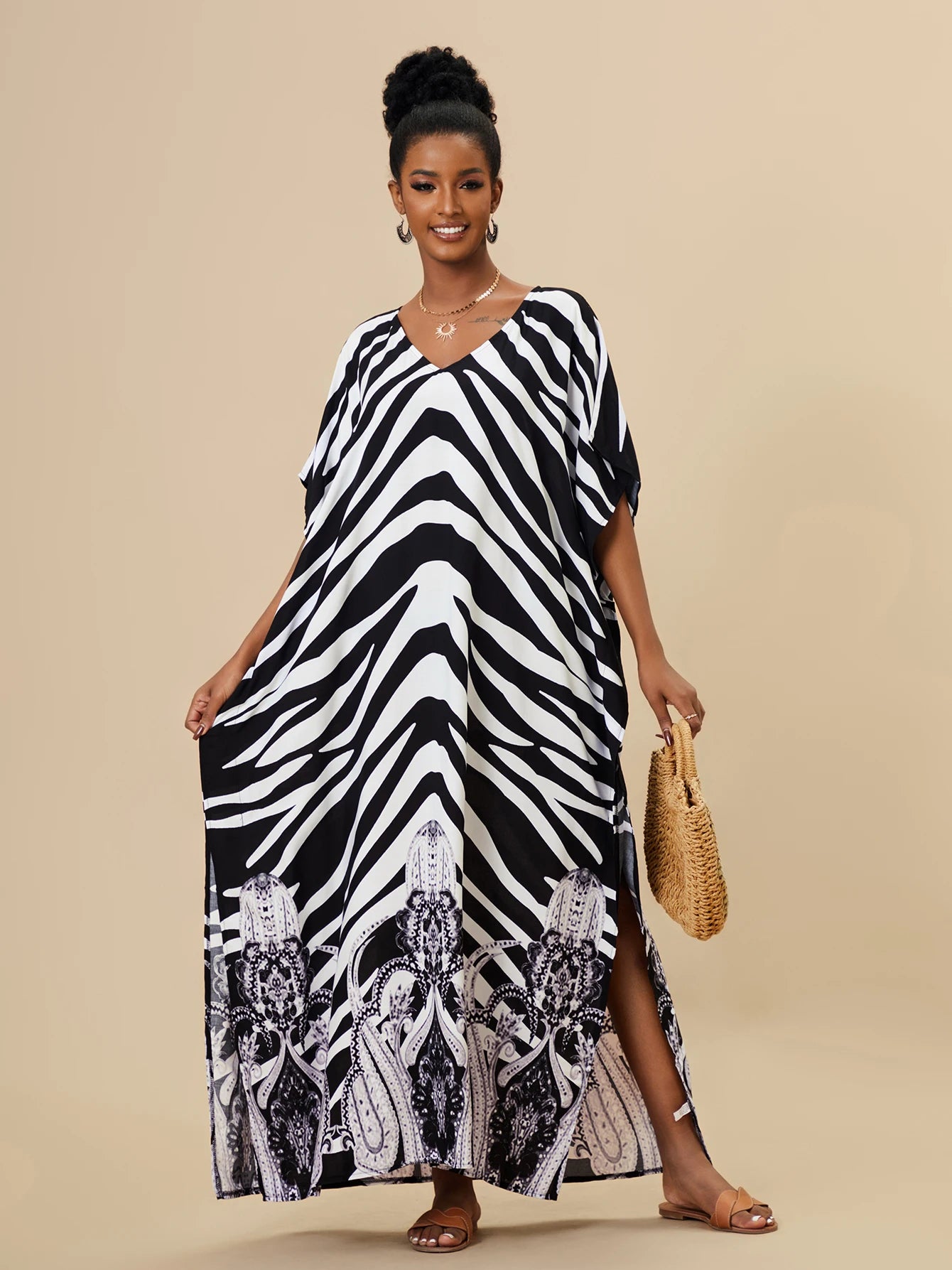 EDOLYNSA 2023 Bohemian Printed Loose Kaftan Casual Summer Vacation Maxi Dress Women Clothing Beach Wear Swim Suit Cover Up Q1469
