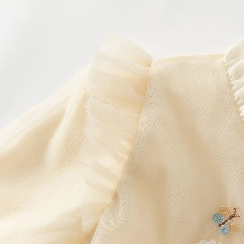 Dave Bella Princess Dress for Girls Baby Children 2025 Spring Long Sleeved Charm Mesh Embroidery Floral Gentle Cute DB1250434