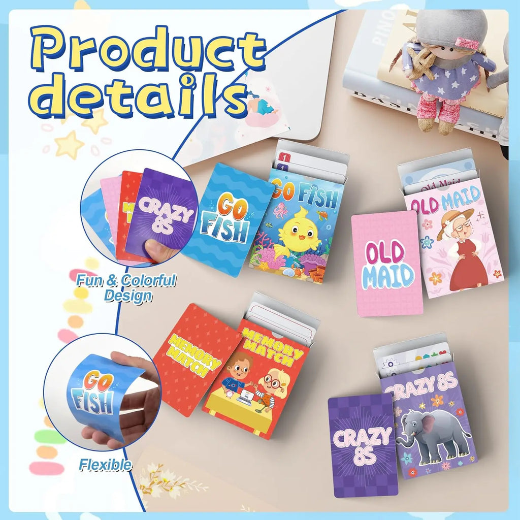 [Kids Card Games]Go Fish, Old Maid, Memory Match and Crazy 8s for Kids 4-8, Fun Toddler Card Games for Family Game Party Games