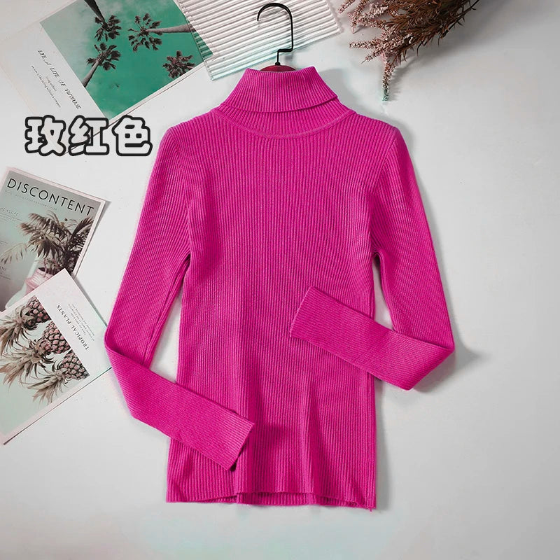 2026 Simple Women Turtleneck Sweater Winter Fashion Pullover Elastic Knit Ladies Jumper Casual Solid Black Female Basic Tops