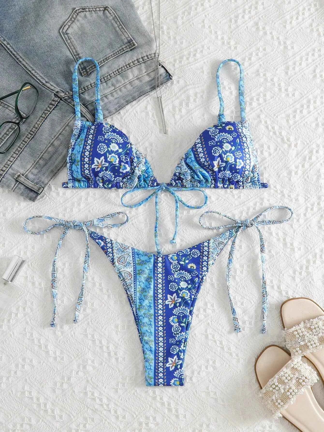 BIQIUYYI New Floral Print String Bandage Bikinis Triangle Cup Push Up Swimsuit Women Bathing Suit Beachwear Halter Swimwear XS