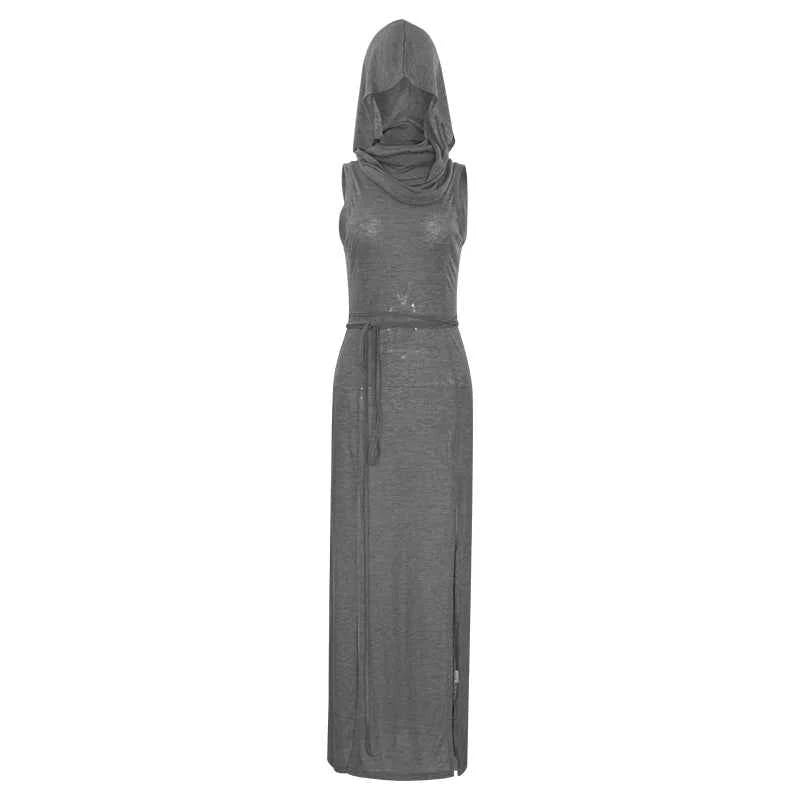 Summer 2023 Sexy European And American Style Sleeveless Hooded Dress Long Split Hollow out Pure Color Women's Gown