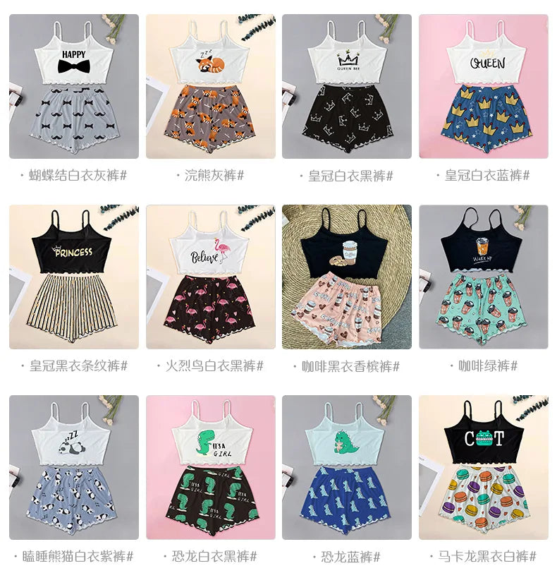 Summer Silk Satin Pyjama Pajamas for Women Sexy Sleepwear Sling Top Shorts Pajama Set Cartoon Pattern Printing 2-Piece Homewear