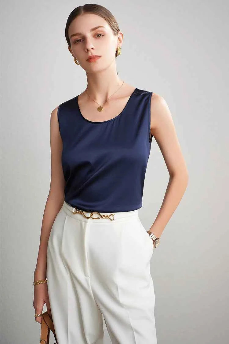SuyaDream. Women Basic Cozy Tanks, 100%Real Silk, O neck Sleeveless Chic T Shirt, 2025 Solid Summer Vests, White, Pink, Beige