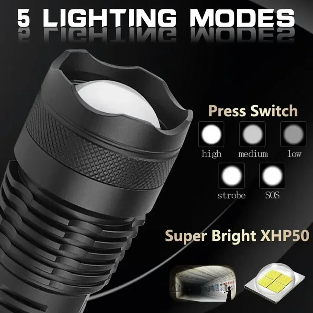 Rechargeable LED Flashlights 90000 Lumens Super Bright Zoomable Waterproof Flashlight with 3 Modes Powerful for Camping Hiking