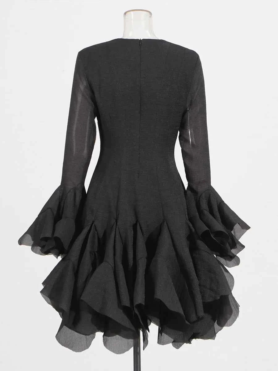 TWOTWINSTYLE Solid Spliced Button Slimming Dresses For Women O Neck Long Sleeve High Waist Patchwork Ruffles Female Fashion New