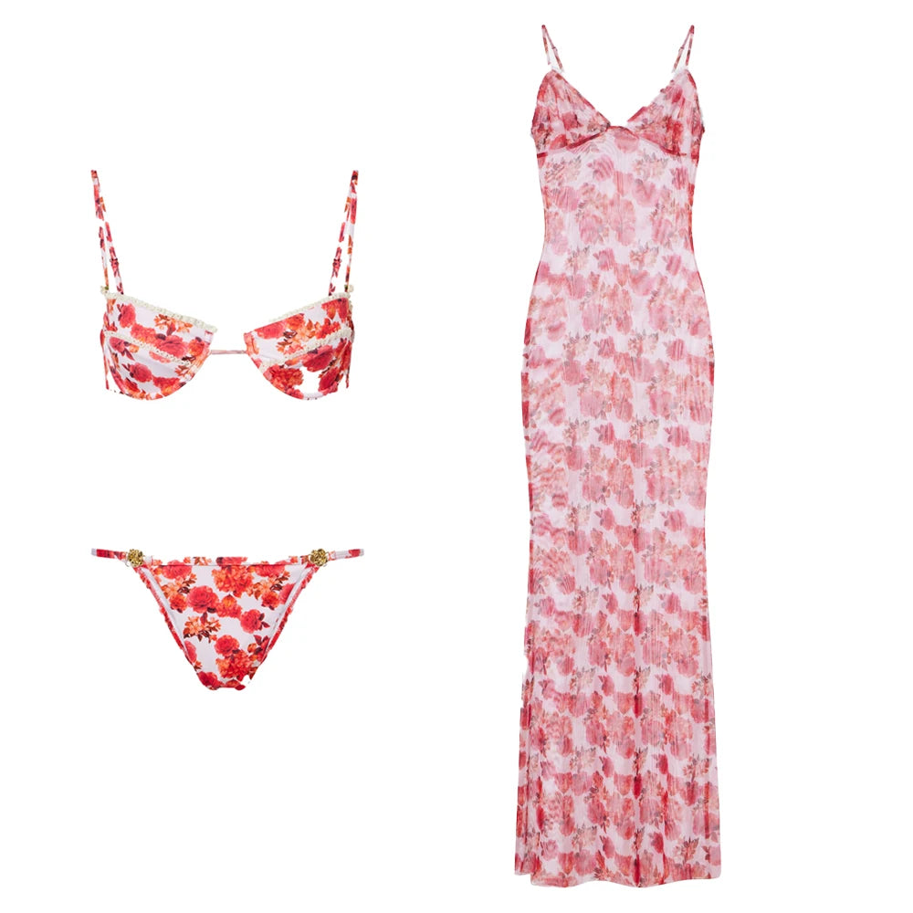 Print Bikini Swimsuit and Cover Up Bikini Set Women Sexy Lace Swimwear High Leg  Bathing Suit Beachwear Biquini