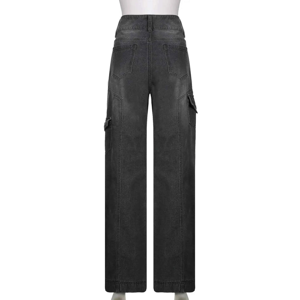 New Street High Waist Straight Leg Casual Jeans with Irregular Pockets Work Clothes Floor Towers  Dad's Pants
