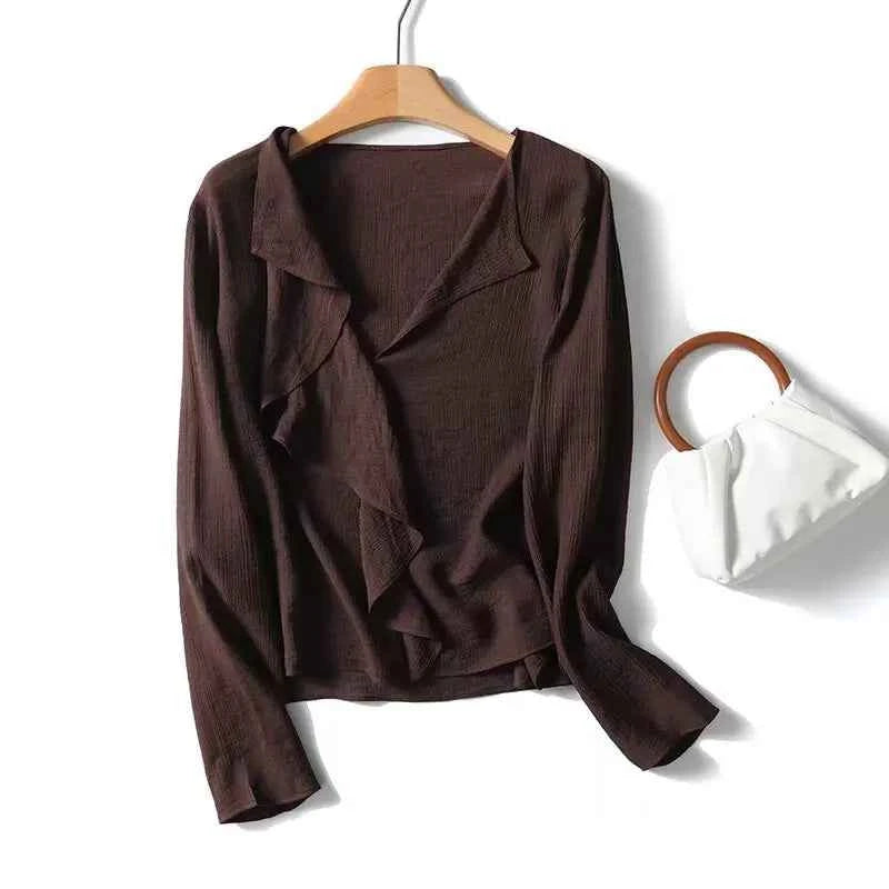 YENKYE Spring 2025 Women Brown Long Sleeve V Neck Ruffle Shirt Office Casual Blouse Blusas Mujer