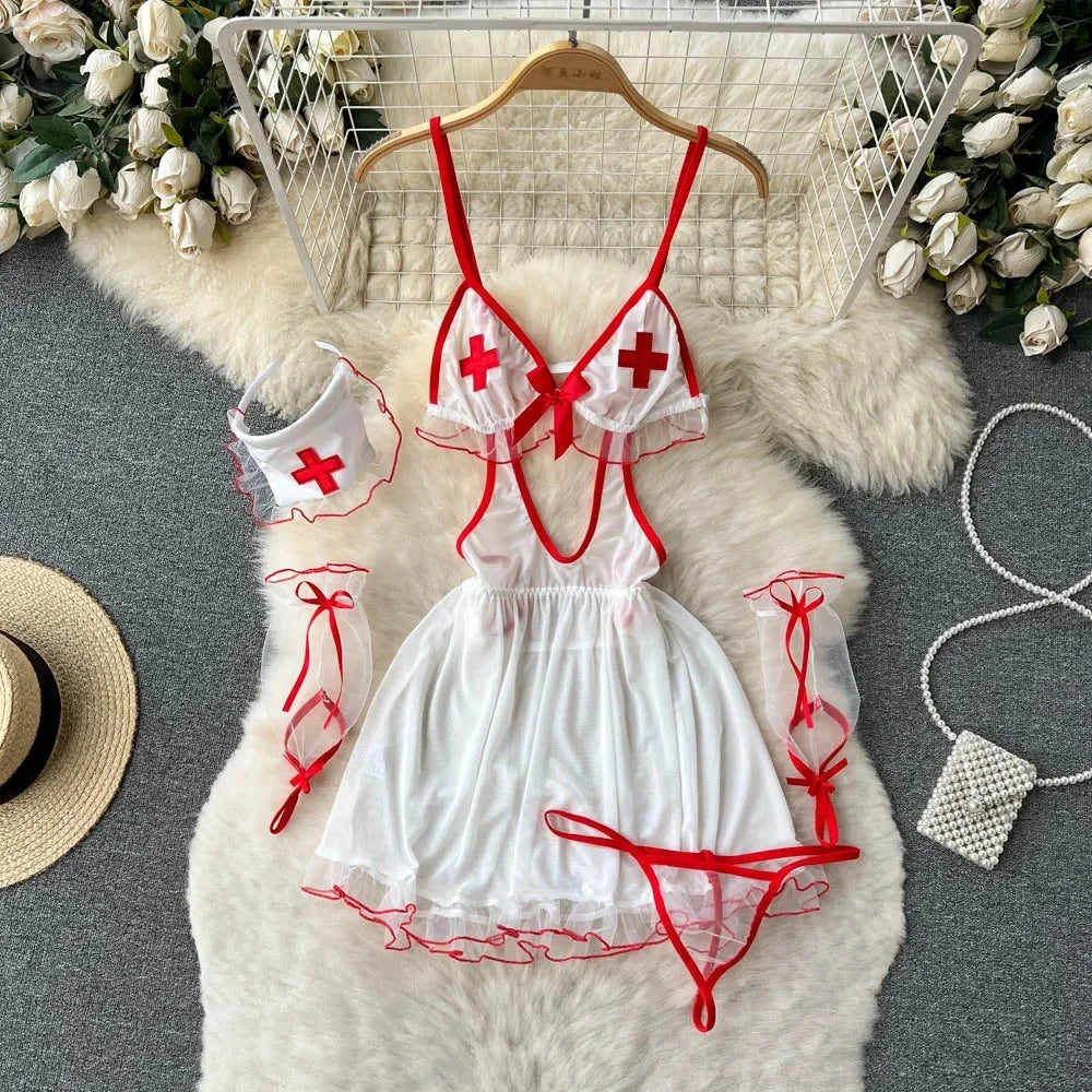 Summer Girls Sexy Hot Sweet Transparent Suspender Mini Dress Women Elastic Waist And Backless Strap Lolita Pajamas Bubble Skirt