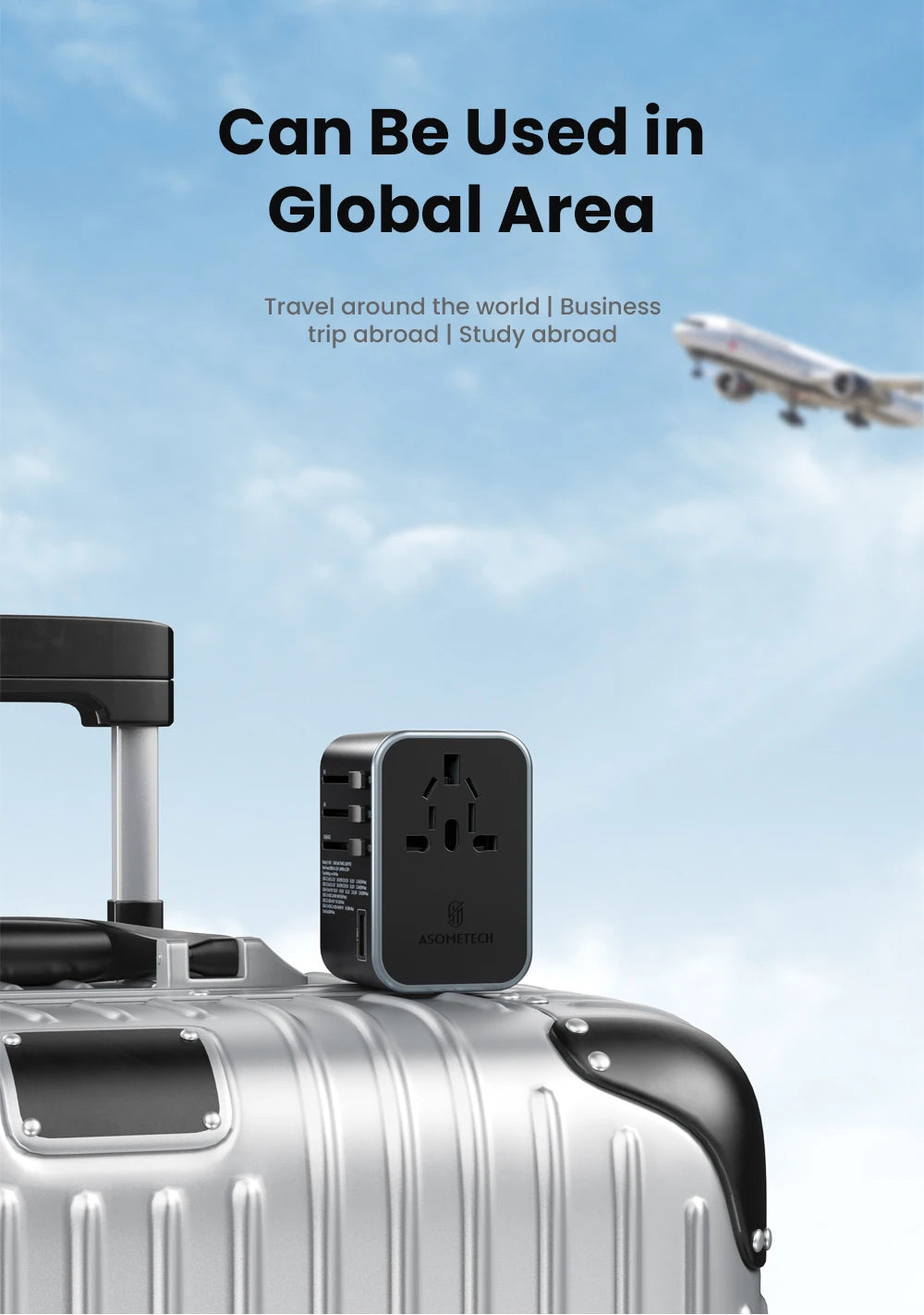 ASOMETECH 65W GaN International Travel Adapter PD3.0 QC3.0 PPS 3 USB GaN Fast Charging Adapter with EU AU US UK Plug for Travel