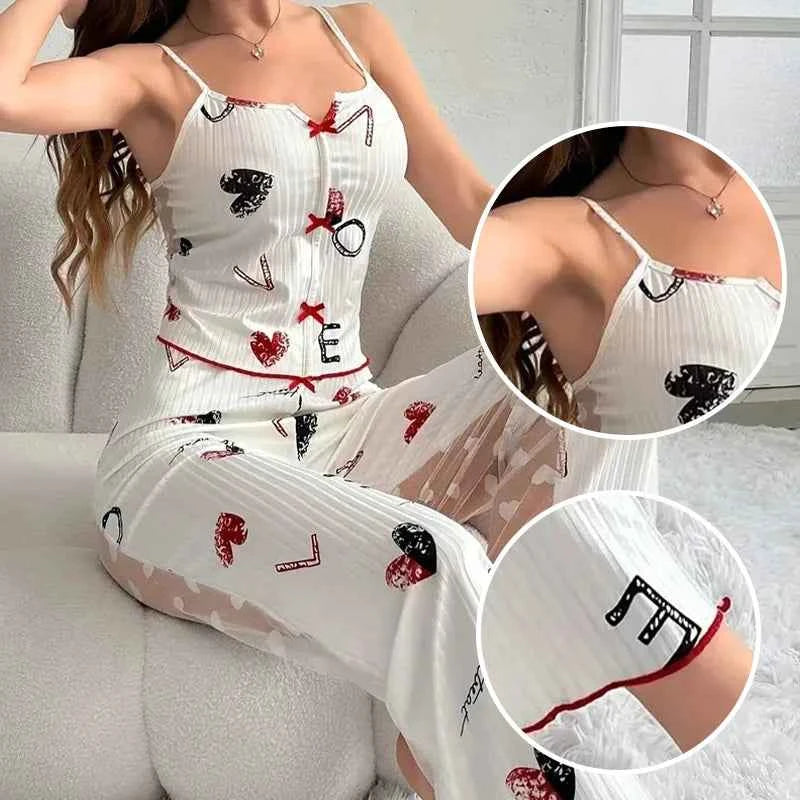 Women's Sexy Two-Piece Pajama Set Printed Lace Patchwork V-Neck Strap Top with Back Lace Detail Comfortable Sleepwear