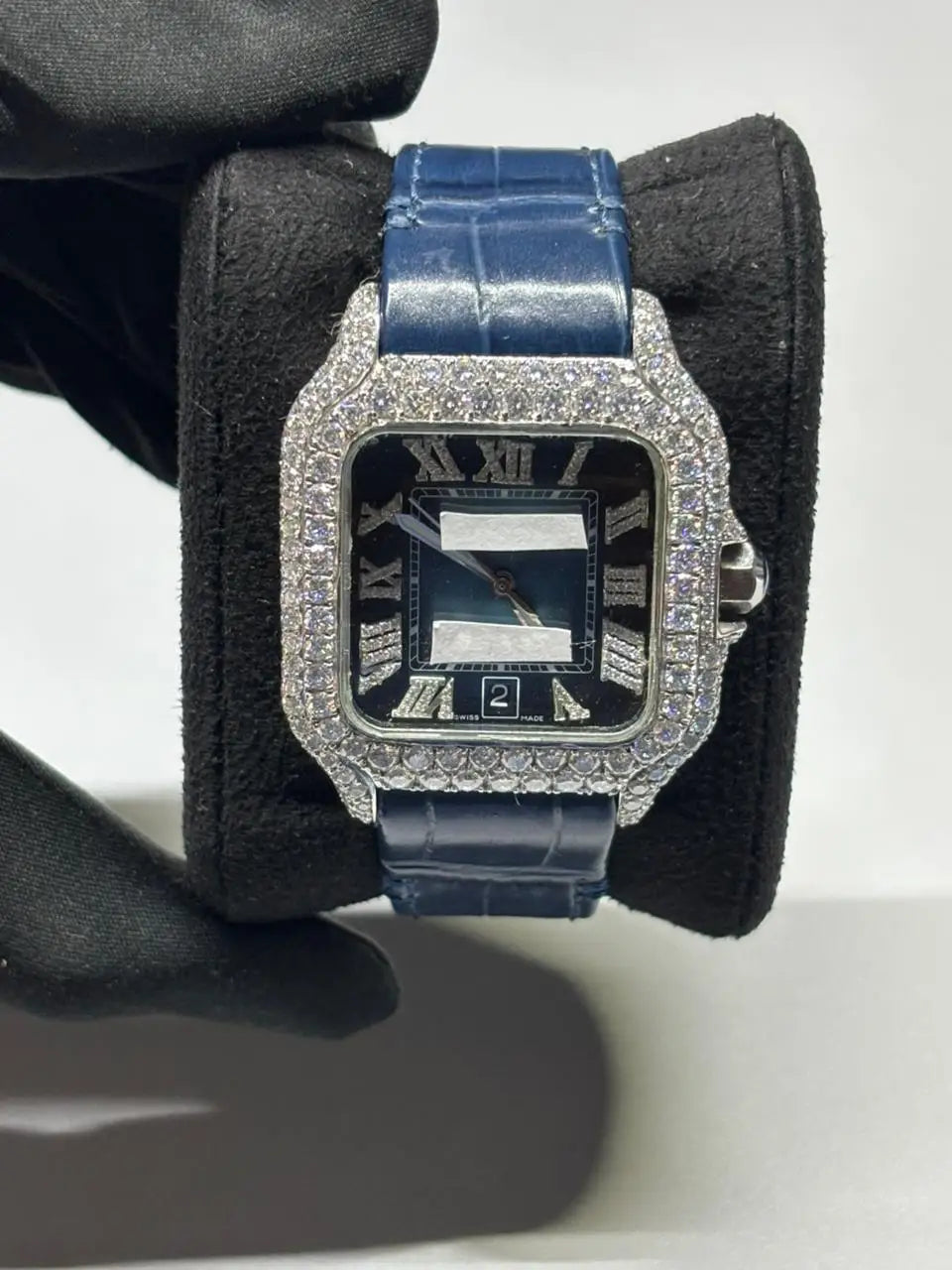 Moissanite White Gold Round Cut Diamond Watch Blue Rubber Band Dial Quartz Watch Available at Affordable Price